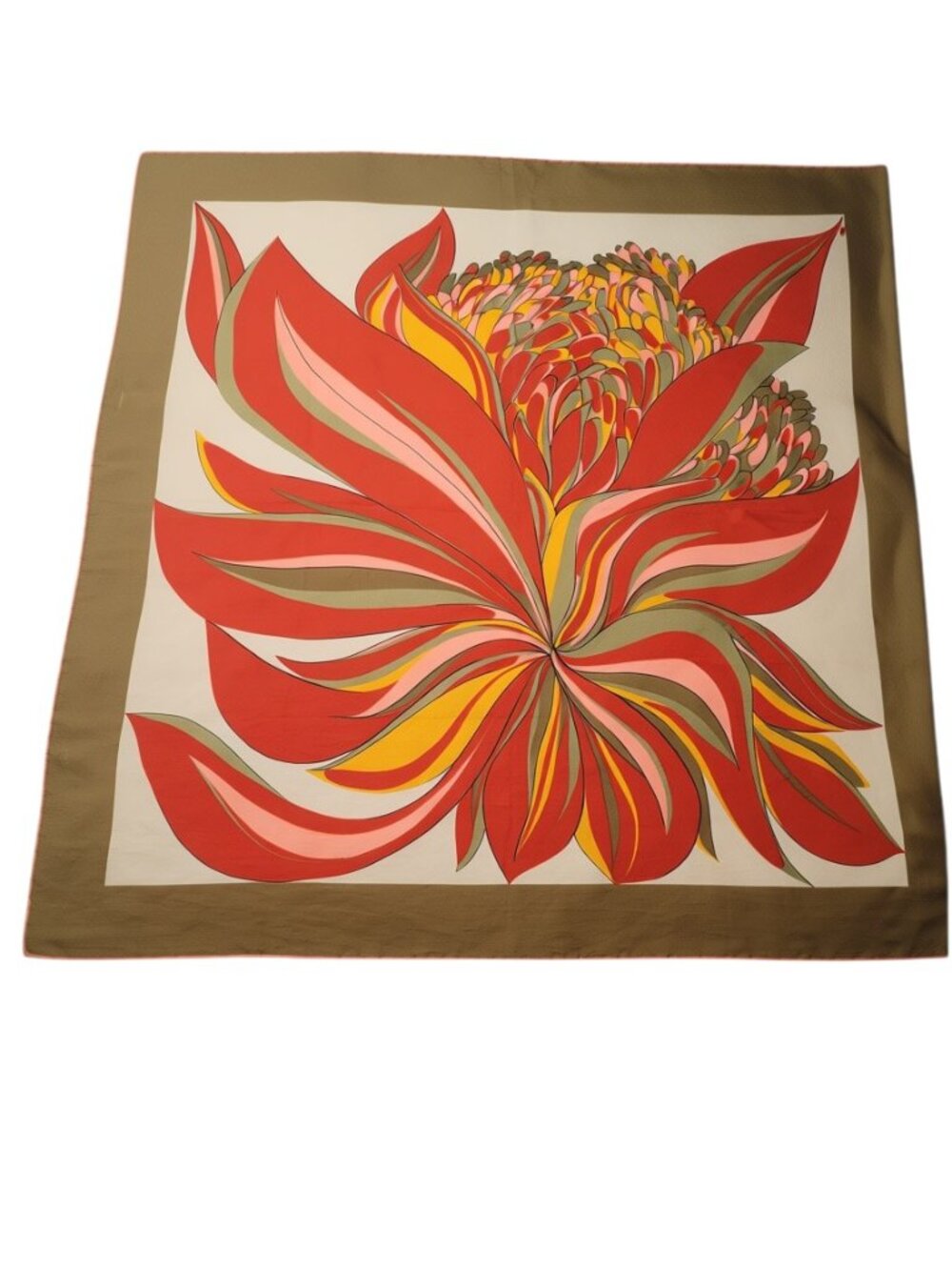 Vintage Silk Scarf Olive Coral Abstract Protea Floral Bag Scarf 28x28